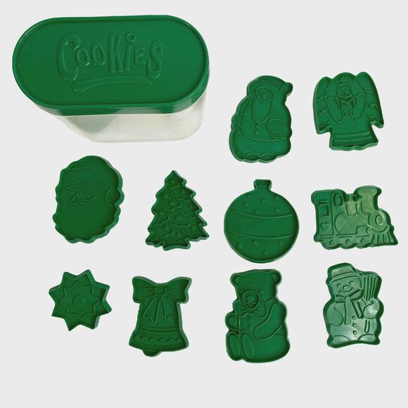 10 Vintage Christmas Cookie Cutters Green Plastic W/ Case Santa Angel Tree Bell - Picture 1 of 8